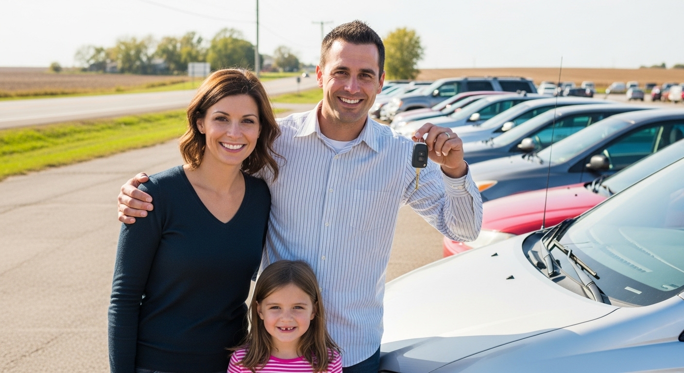 Family at the dealership with new car keys